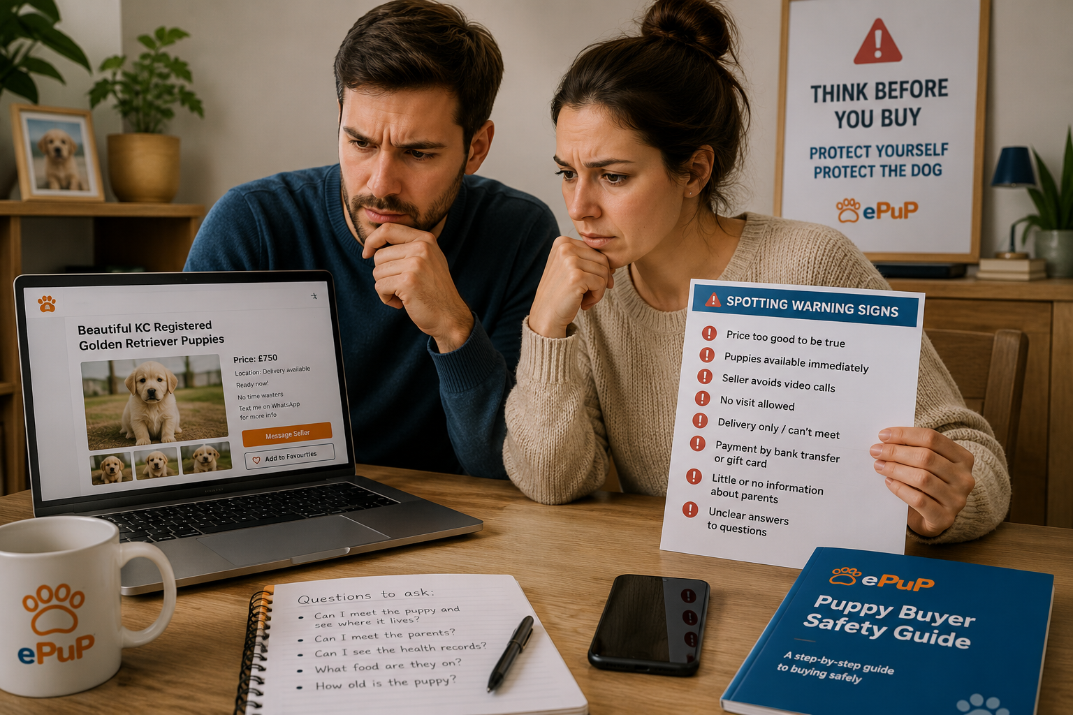 Checking an online dog advert for scam and safety warning signs